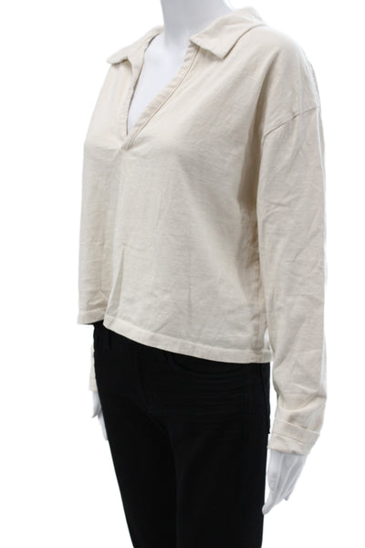 Perfect White Tee Womens Beige Cropped Collared Polo Long Sleeve Cotton Size XS