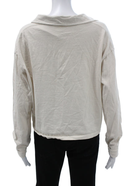 Perfect White Tee Womens Beige Cropped Collared Polo Long Sleeve Cotton Size XS