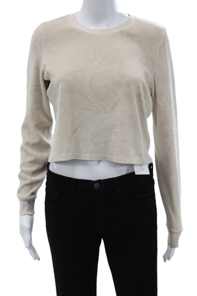 Suzie Kondi Womens Cropped Beige T Shirt Crew Neck Long Sleeve Size S
