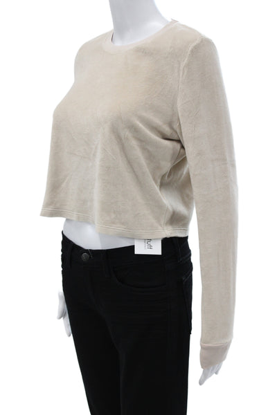 Suzie Kondi Womens Cropped Beige T Shirt Crew Neck Long Sleeve Size S