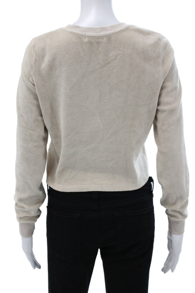 Suzie Kondi Womens Cropped Beige T Shirt Crew Neck Long Sleeve Size S