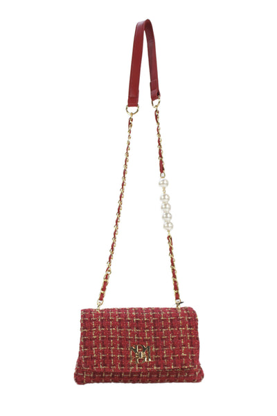 Badgley Mischka Women's Woven Tweed Logo Turn-Lock Shoulder Handbag Red