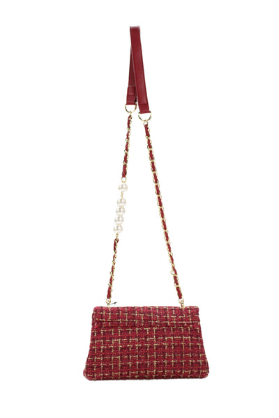 Badgley Mischka Women's Woven Tweed Logo Turn-Lock Shoulder Handbag Red