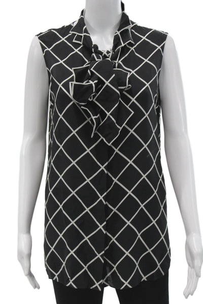 Oscar de la Renta Womens Tunic Black Silk Checked Sleeveless Collared Size 10