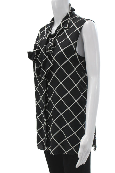 Oscar de la Renta Womens Tunic Black Silk Checked Sleeveless Collared Size 10