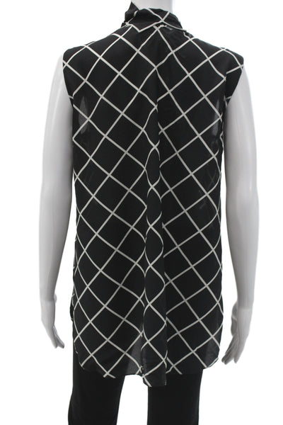 Oscar de la Renta Womens Tunic Black Silk Checked Sleeveless Collared Size 10