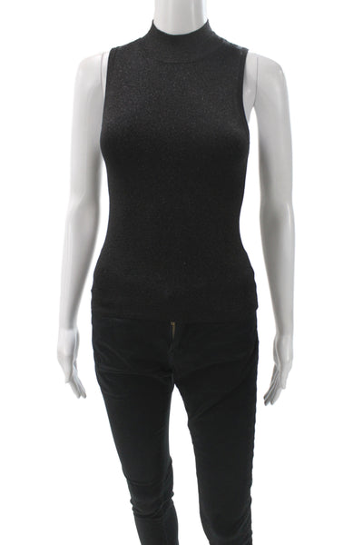 Alice + Olivia Women Black Metallic Mock Neck Basic Tank Sleeveless Size XS