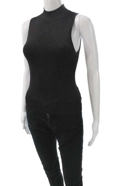Alice + Olivia Women Black Metallic Mock Neck Basic Tank Sleeveless Size XS