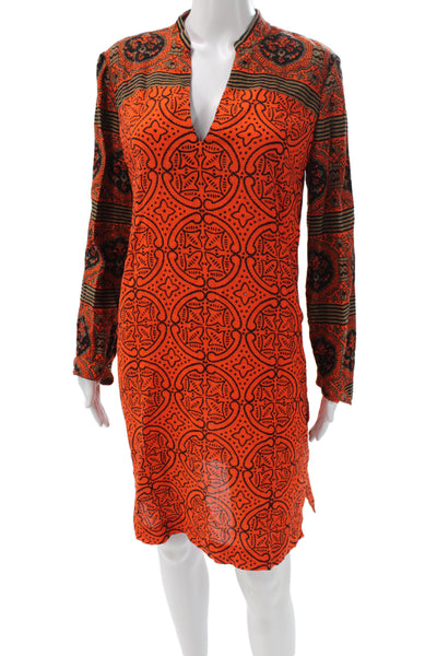 Tory Burch Women Shift Dress Orange V-Neck Long Sleeve Geometric Cotton Size 6