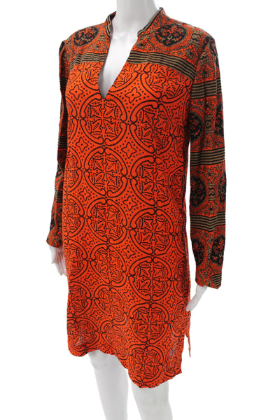 Tory Burch Women Shift Dress Orange V-Neck Long Sleeve Geometric Cotton Size 6
