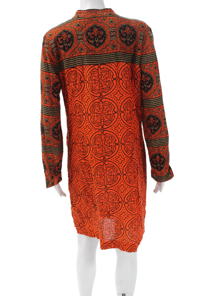 Tory Burch Women Shift Dress Orange V-Neck Long Sleeve Geometric Cotton Size 6