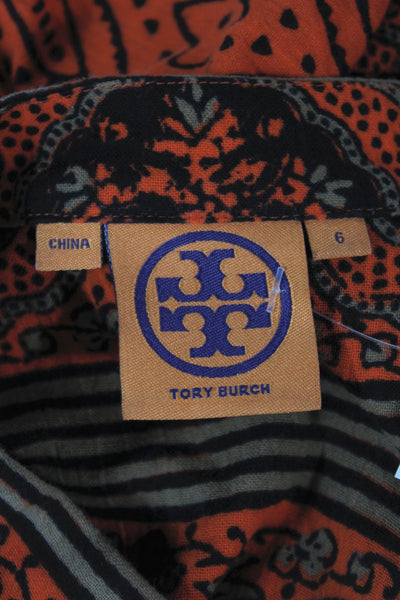 Tory Burch Women Shift Dress Orange V-Neck Long Sleeve Geometric Cotton Size 6