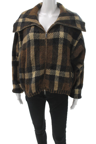 BLANKNYC Womens Brown Plaid Bomber Jacket Zip Long Sleeve Size L