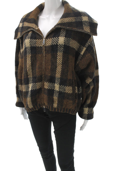 BLANKNYC Womens Brown Plaid Bomber Jacket Zip Long Sleeve Size L