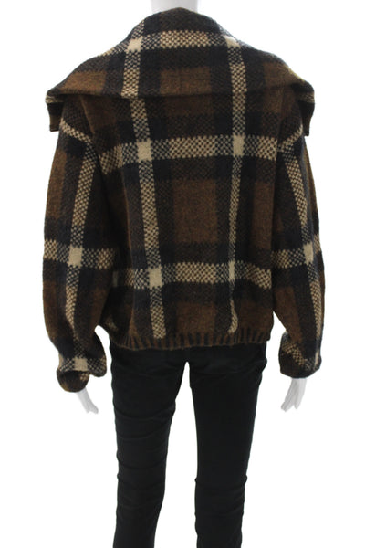 BLANKNYC Womens Brown Plaid Bomber Jacket Zip Long Sleeve Size L