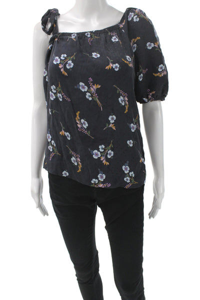 Rebecca Taylor Women Floral Square Neck Tunic Blouse Black Short Sleeve Size 6