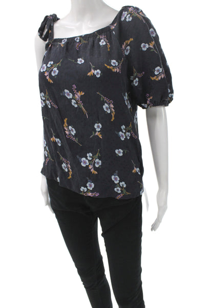 Rebecca Taylor Women Floral Square Neck Tunic Blouse Black Short Sleeve Size 6