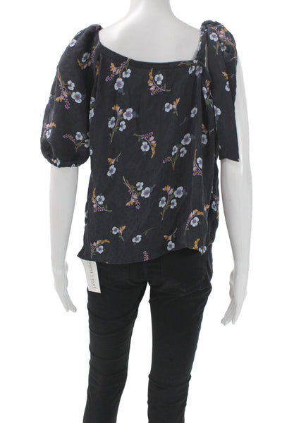 Rebecca Taylor Women Floral Square Neck Tunic Blouse Black Short Sleeve Size 6