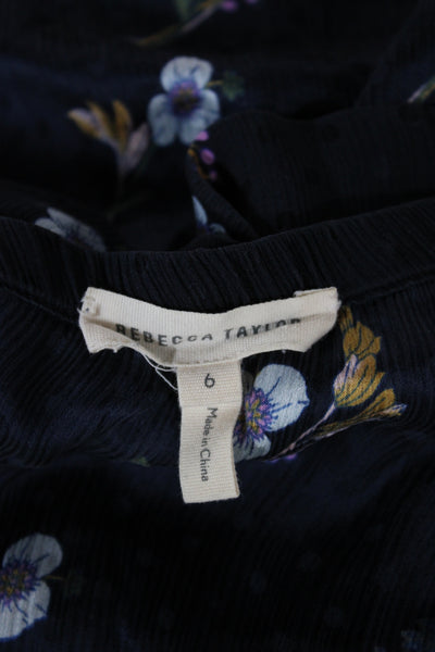 Rebecca Taylor Women Floral Square Neck Tunic Blouse Black Short Sleeve Size 6