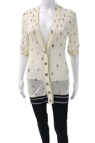 Moth Anthropologie Women Cardigan Ivory Striped Cotton V-Neck 3/4 Sleeve Size M