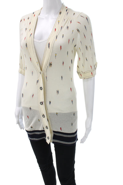 Moth Anthropologie Women Cardigan Ivory Striped Cotton V-Neck 3/4 Sleeve Size M
