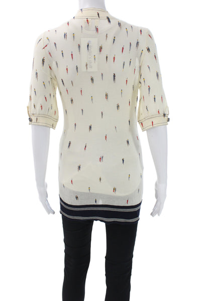 Moth Anthropologie Women Cardigan Ivory Striped Cotton V-Neck 3/4 Sleeve Size M