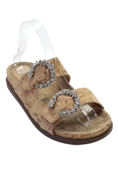 Schutz Womens Cork Jeweled Buckle Slide On Sandals Beige Size 7 B