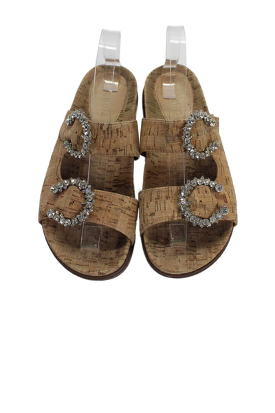 Schutz Womens Cork Jeweled Buckle Slide On Sandals Beige Size 7 B