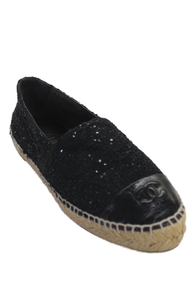 Chanel Womens Leather Cap Toe Tweed Espadrille Ballet Flats Black Size 37 7
