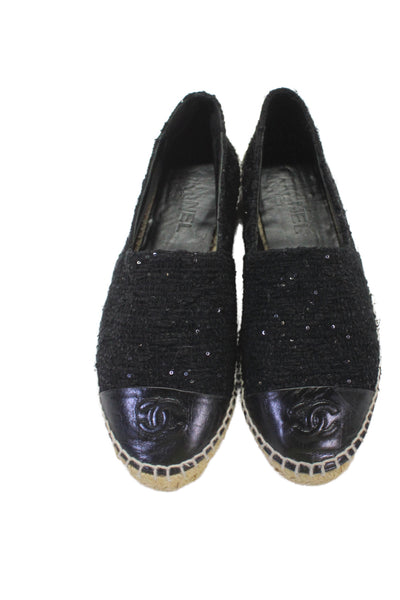 Chanel Womens Leather Cap Toe Tweed Espadrille Ballet Flats Black Size 37 7