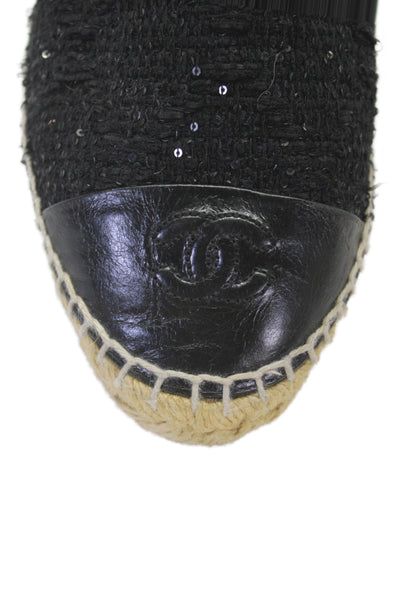 Chanel Womens Leather Cap Toe Tweed Espadrille Ballet Flats Black Size 37 7