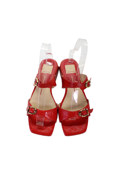 Dolce Vita Womens Soft Crinkle Box Leather Block Heels Sandals Shoes Red Sz 6