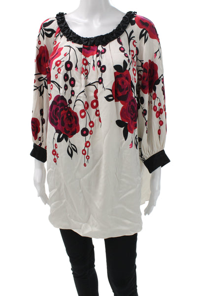 Temperley London Women Black Silk Tunic Scoop Neck 3/4 Sleeve Floral Size 4