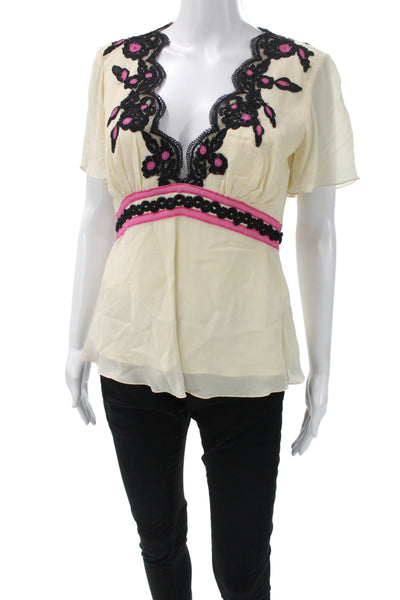 Temperley London Women Tunic Ivory Silk V-Neck Floral Short Sleeve Zip Size 6