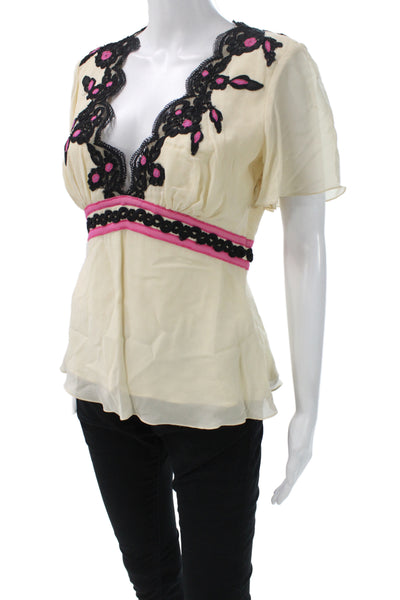 Temperley London Women Tunic Ivory Silk V-Neck Floral Short Sleeve Zip Size 6