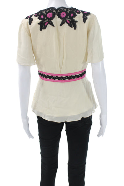 Temperley London Women Tunic Ivory Silk V-Neck Floral Short Sleeve Zip Size 6