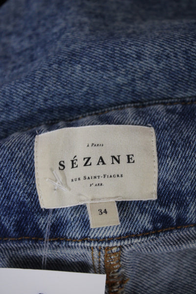 Sezane Women Paperbag Blue Cotton Mid Rise Jeans Size 34