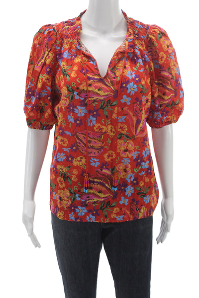 Renuar Womens Floral V-Neck Tunic Blouse Multicolor 3/4 Sleeve Cotton Size M