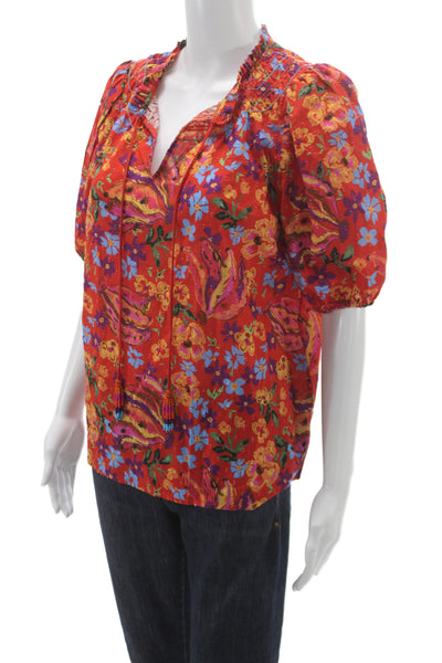 Renuar Womens Floral V-Neck Tunic Blouse Multicolor 3/4 Sleeve Cotton Size M
