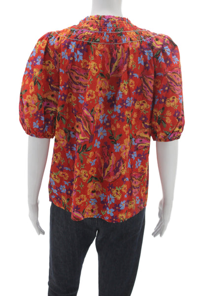 Renuar Womens Floral V-Neck Tunic Blouse Multicolor 3/4 Sleeve Cotton Size M