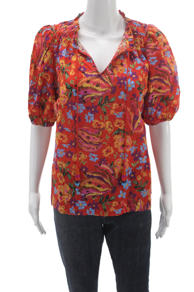 Renuar Women Floral V-Neck Tie Front 3/4 Sleeve Cotton Tunic Multicolor Size S