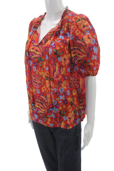 Renuar Women Floral V-Neck Tie Front 3/4 Sleeve Cotton Tunic Multicolor Size S