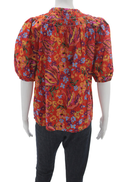Renuar Women Floral V-Neck Tie Front 3/4 Sleeve Cotton Tunic Multicolor Size S