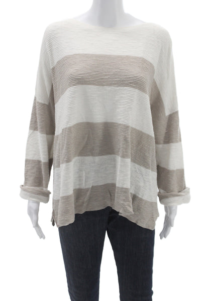 Eileen Fisher Women Pullover Striped Boatneck Beige Linen Long Sleeve Size XL