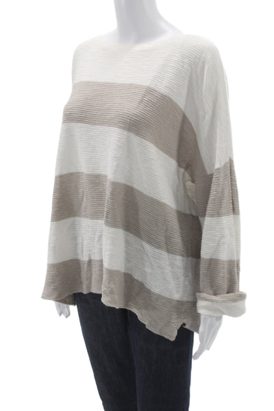 Eileen Fisher Women Pullover Striped Boatneck Beige Linen Long Sleeve Size XL