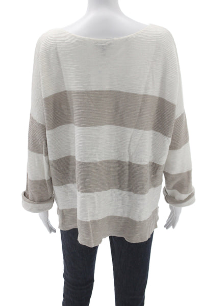 Eileen Fisher Women Pullover Striped Boatneck Beige Linen Long Sleeve Size XL