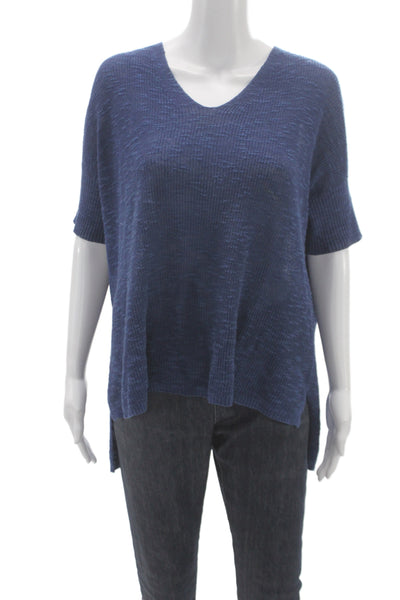 Eileen Fisher Women Blue V-Neck Pullover Sweater Organic Linen Size S