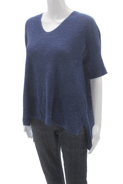 Eileen Fisher Women Blue V-Neck Pullover Sweater Organic Linen Size S