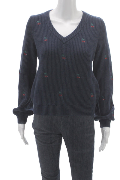 Lucky Brand Womens Pullover Sweater V-Neck Cherry Print Blue Size S