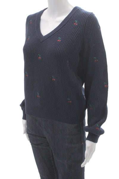 Lucky Brand Womens Pullover Sweater V-Neck Cherry Print Blue Size S